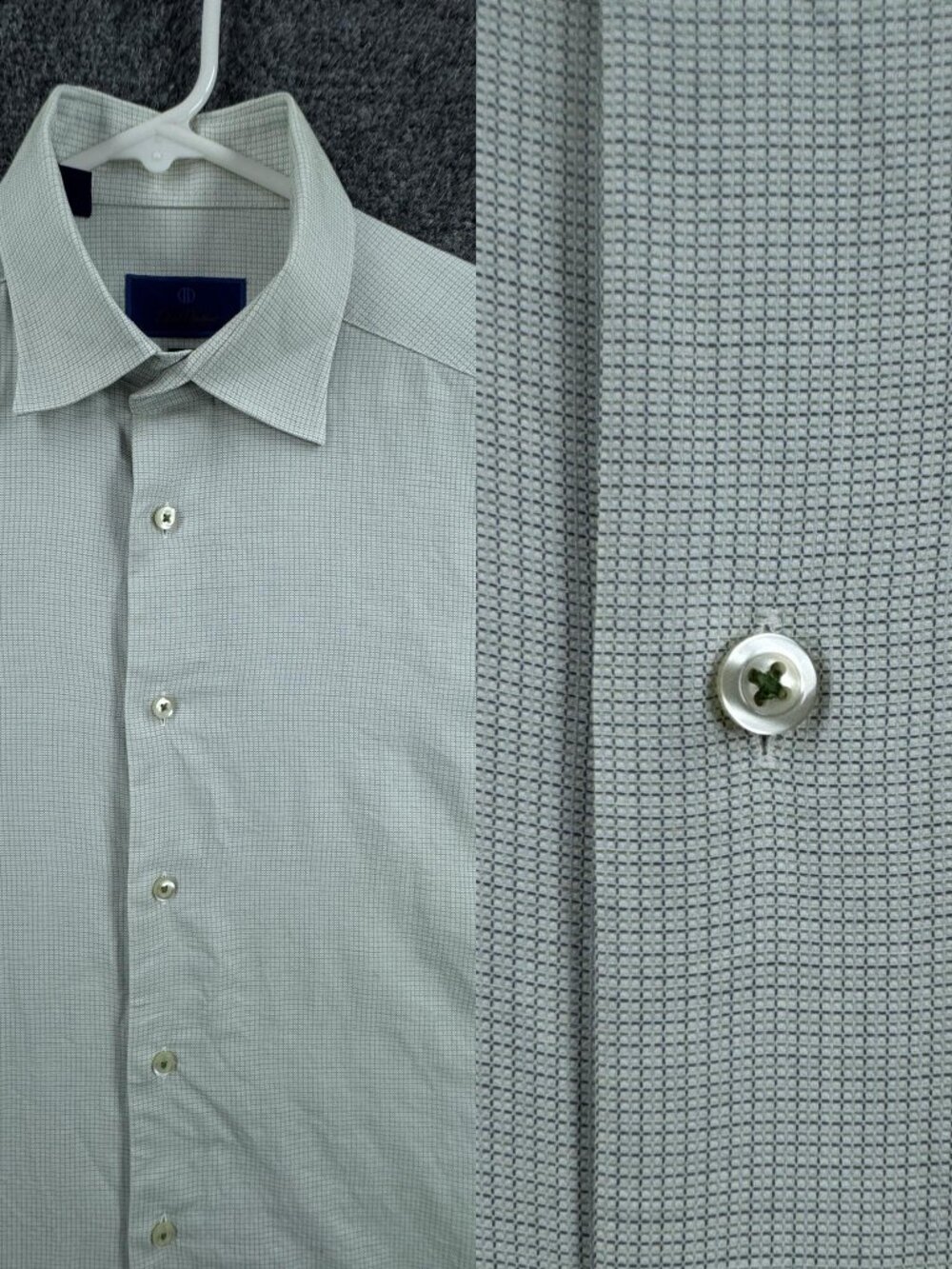 David Donahue Check Logo Mens Green White 16 34/35 Trim Cotton Office Button Up